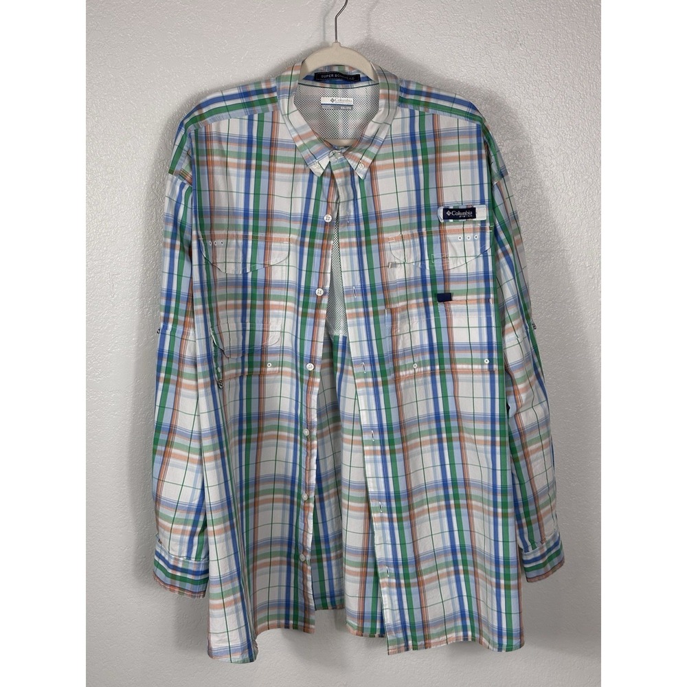 Columbia PFG Super Bonehead Fishing Shirt Mens XXL Plaid Blue Green Orange LS